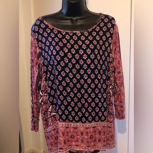Lucky Brand Navy and Pink Printed Long Sleeve Top
